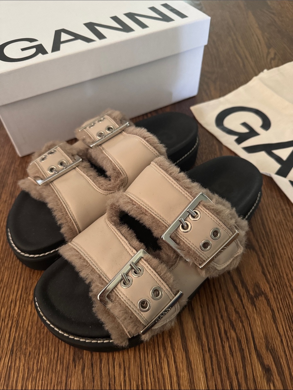 New Ganni Buckled Fur Sandals